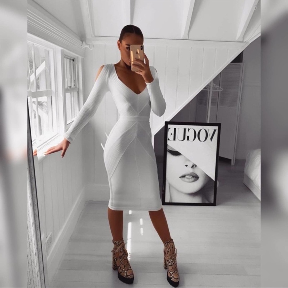 Raffaella White Ribbed Bandage Cold Shoulder Dress